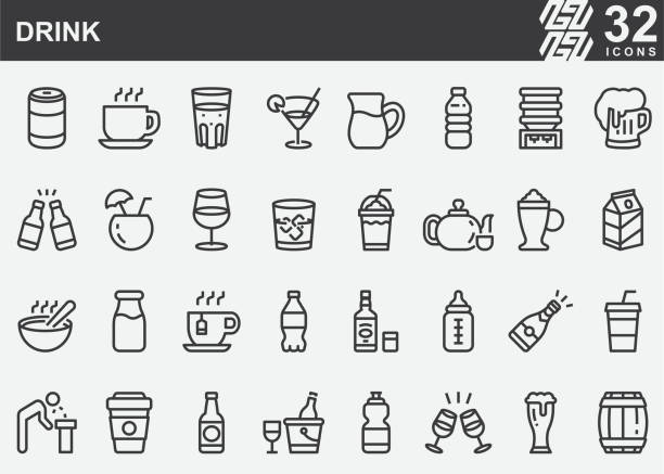 ilustraciones, imágenes clip art, dibujos animados e iconos de stock de iconos de la línea de bebida - wineglass symbol coffee cup cocktail