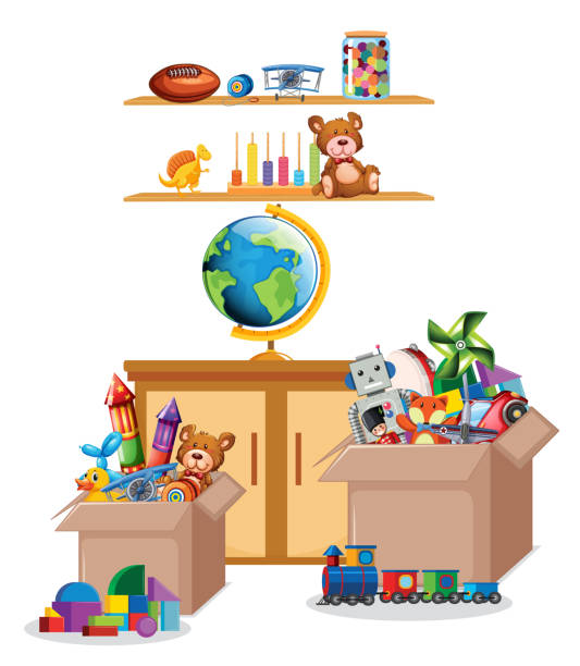 istock Shelf and box full of toys on white background 1204112610