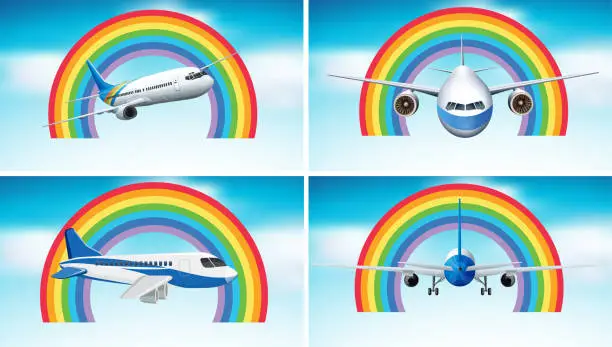Vector illustration of Four scenes of airplane flying in the sky with rainbow background