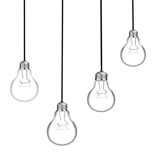 Vector illustration of Set of four glowing hanging light bulbs.