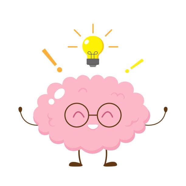 Cute happy human brain in glasses with lightbulb Cute happy human brain in glasses with lightbulb. Cartoon organ character vector illustration. Creative idea, inspiration, knowledge, learning flat thinking emoji stock illustrations