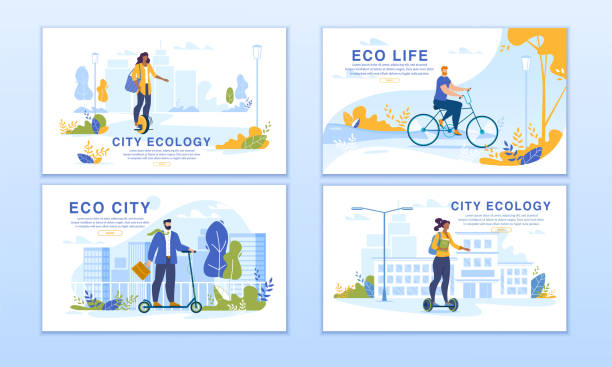 City Dwellers Riding Eco Transport Banner Set Ecological City. Smart Dwellers Riding Eco-Friendly Transport. Men Women on Unicycle, Self-Balanced Hoverboard, Electric Scooter, Bicycle. Modern and Futuristic Transportation Way. Webpage Banner Set scooter stock illustrations