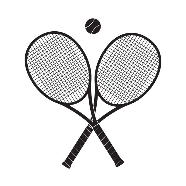 gekreuzte tennisschläger mit tennisball. vektor-illustration. - racketball racket ball court stock-grafiken, -clipart, -cartoons und -symbole