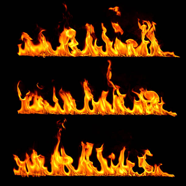 istock Set of Fire flames isolated on black background 1204124553