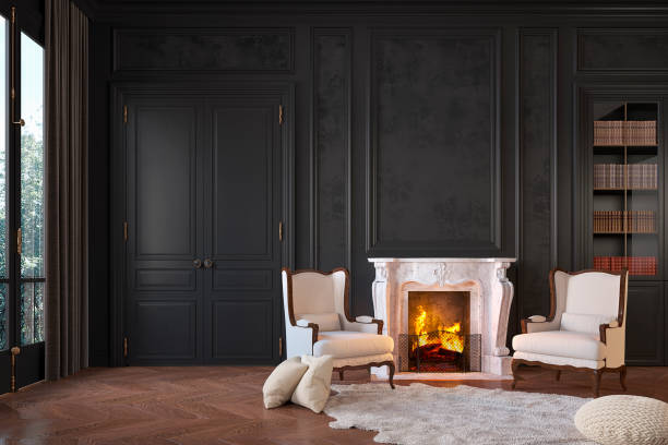 classico interno nero con camino, poltrone, modanature, pannel da parete, moquette, pelliccia.3d rendono l'illustrazione beffata. - fireplace living room door wall foto e immagini stock