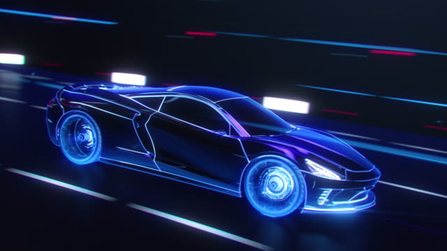 3D Car Model: Detailed Silhouette of Sports Car Driving at High Speed, Racing Through Tunnel into the Light. Blue Supercar Made of Blue Lines Driving Fast on Highway in Tron Style. VFX Special Effect
