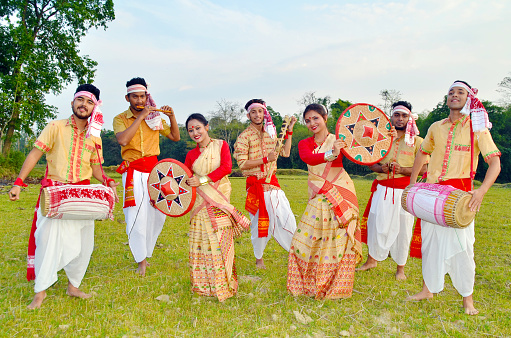 Nagaon, Assam/India - Feb 05, 2020: Youths of Assam performs Bihu dance during the celebration of Bihu Festival in Assam.