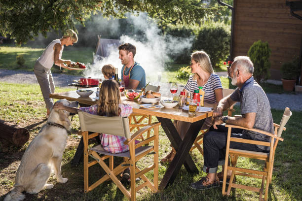 istock Happy extended family having their lunch in the front yard. 1204132375