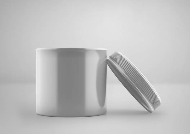 White plastic jar with cap mockup, blank food container, 3d rendering isolated on light gray background, ready for your design
