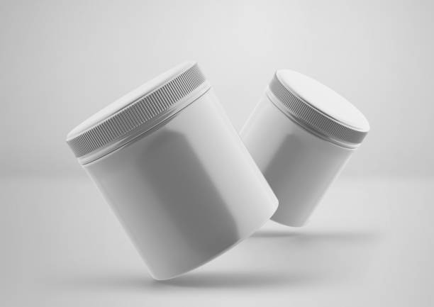 キャップモックアップ付き白いプラスチック製の瓶、空白の食品容器、ライトグレーの背景に分��離された3dレンダリング - can label blank packaging ストックフォトと画像