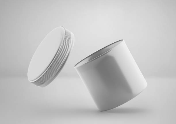 White plastic jar with cap mockup, blank food container, 3d rendering isolated on light gray background