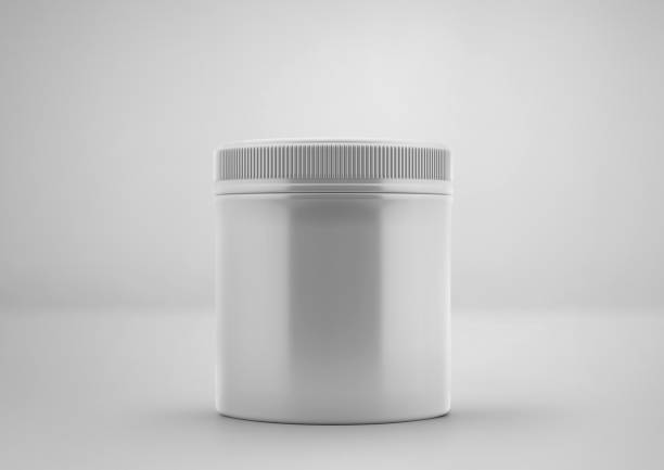 White plastic jar with cap mockup, blank food container, 3d rendering isolated on light gray background