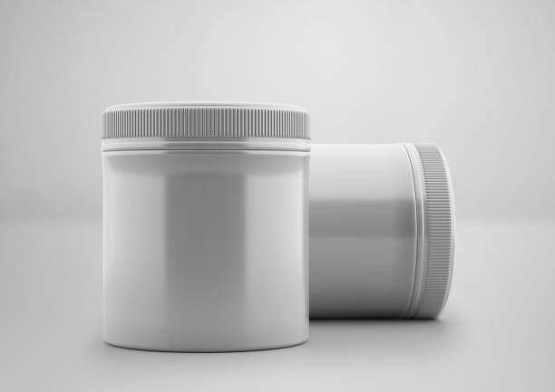 キャップモックアップ付き白いプラスチック製の瓶、空白の食品容器、ライトグレーの背景に分離された3dレンダリング - gel pill ストックフォトと画像