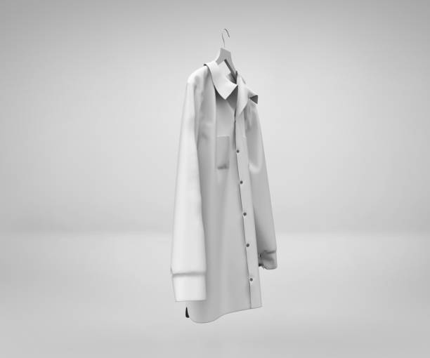 maqueta de camisa blanca, ropa de manga larga en blanco 3d renderización aislada sobre fondo gris claro - soccer uniform hanger t shirt hanging fotografías e imágenes de stock