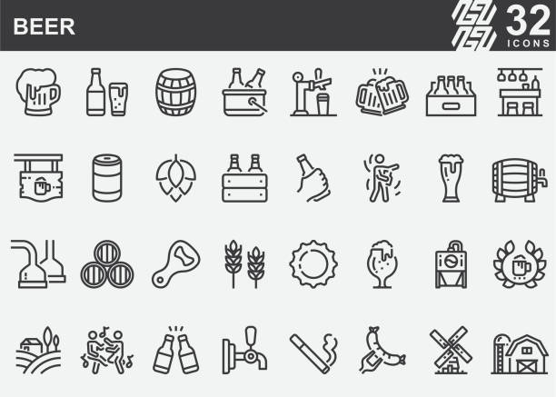 illustrazioni stock, clip art, cartoni animati e icone di tendenza di icone della linea della birra - pub
