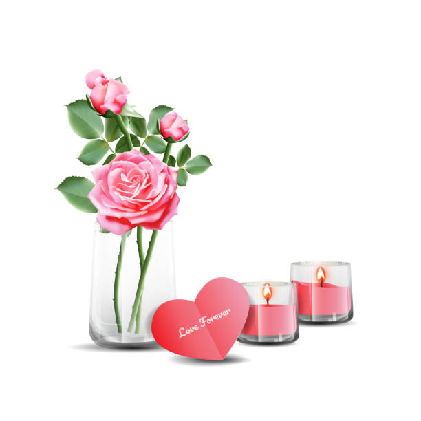 pink roses in clear glass with heart shape card and candles Pink roses in a clear glass with greeting card and scented candles. Vector illustration on white background. pink memorial candle with flowers stock illustrations