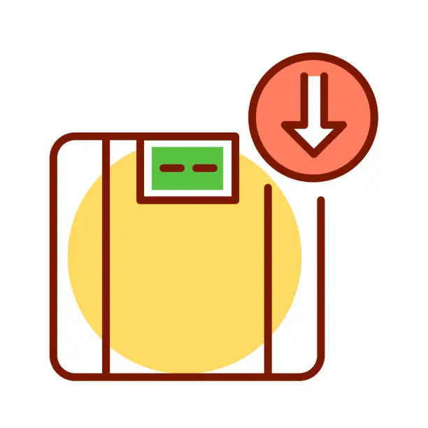 Vector illustration of Weight loss color line icon. Refers to a reduction of the total body mass, due to a mean loss of fluid, body fat. Pictogram for web page, mobile app, promo. UI UX GUI design element. Editable stroke.