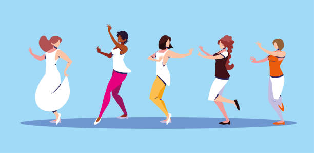 scene of women in dance pose, party, dance club scene of women in dance pose, party, dance club vector illustration design dance moves cartoons stock illustrations