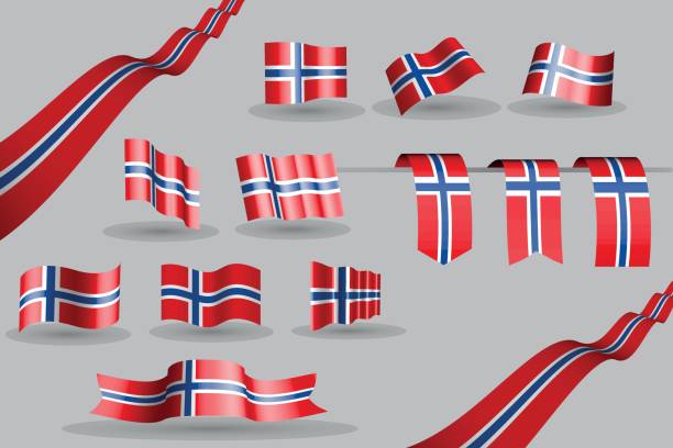 Many Norway flags, waving banners and bookmarks in the colors of the flag red, blue, white - vector illustration for anthem, flag day or any national celebration