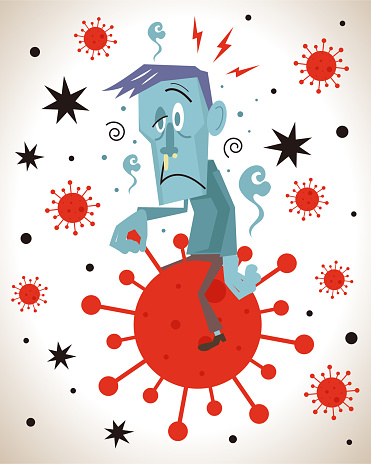 Healthcare and medicine vector art illustration.
Coronavirus patient riding on the virus.