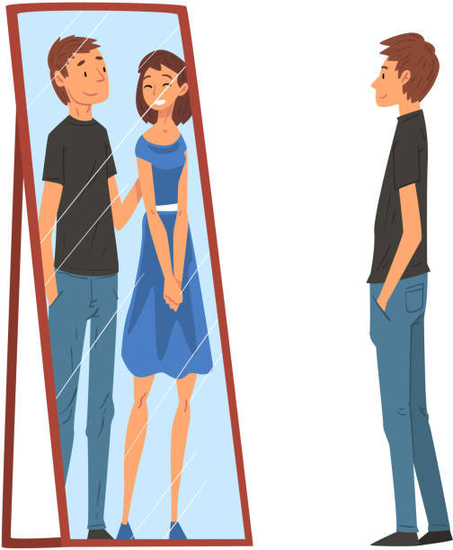 ilustrações de stock, clip art, desenhos animados e ícones de lonely guy standing in front of mirror looking at his reflection and imagine himself with young woman, man seeing himself differently in mirror vector illustration - mirror reflection men individuality