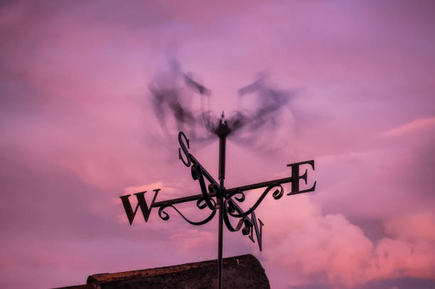 Weather vane spinning violently in strong winds against a dark stormy sunset