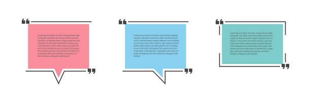 Quote text bubble or note, box or template. Set of quote box or bubbles in flat style. Pastel colors - blue, pink, red. Note, quotation bubble elements, templates. Text speech quote, citation bubbles. Vector illustration. blog quotes stock illustrations