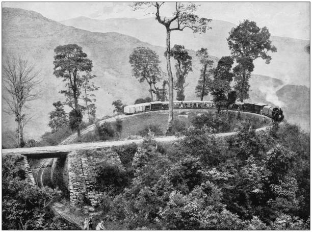 Antique photograph of the British Empire: The loop, Agony Point, Darjeeling Railway Antique photograph of the British Empire: The loop, Agony Point, Darjeeling Railway india train stock illustrations