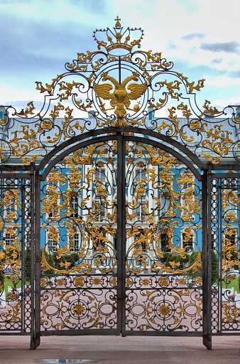St. Petersburg, Russia - 10 August 2019: Entrance gate of Catherine Palace, located in the town of Tsarskoye Selo