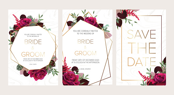 Wedding floral invitation, save the date card design with dark red roses, burgundy red astilbe, monstera, viola lily leaves & elegant golden geometric decoration.