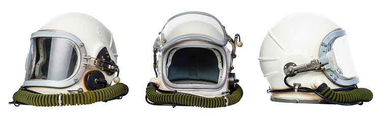 Set of vintage space helmets isolated on white background.