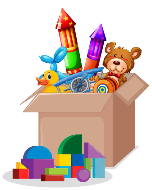 istock Cardboard box full of toys on white background 1204155270