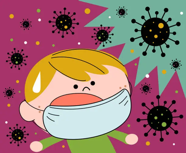 Vector illustration of Boy surrounded by the coronavirus (bacterium, virus) wearing mask