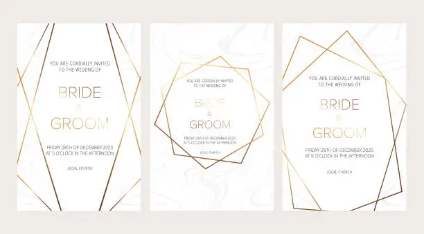 Vector illustration of Luxury Set of elegant brochure,wedding card, background, cover. White and golden marble texture.Geometric frame.Trendy wedding invitation.All elements are isolated and editable.