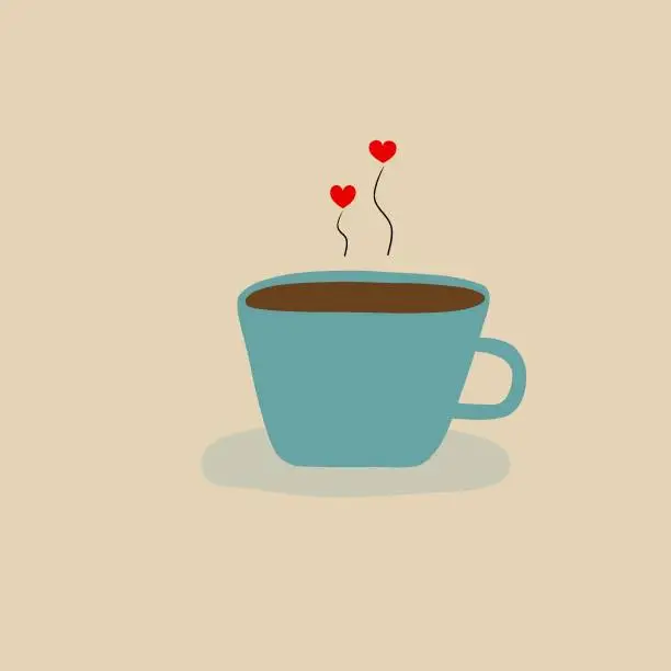 Vector illustration of Hand drawn doodle vector illustration of blue cup with hot coffee steam with two hearts. Valentine