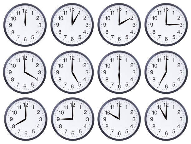 istock Set of office clocks showing different time isolated on white background 1204156132