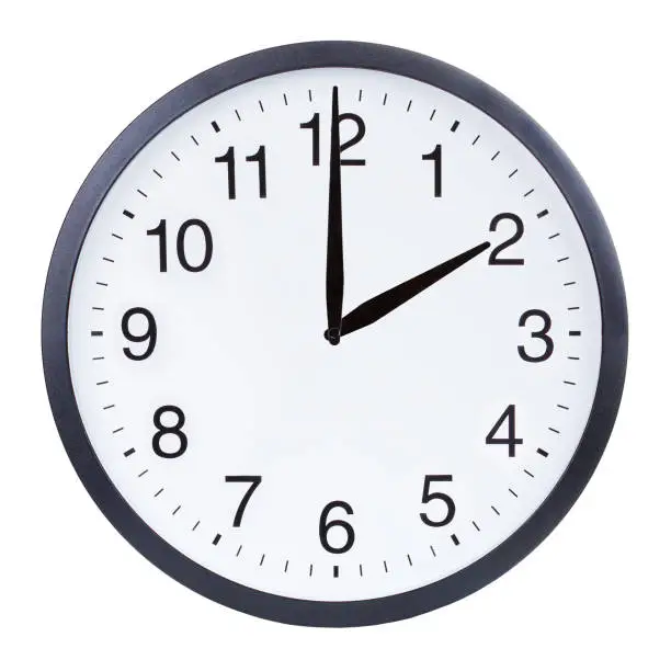 Round office clock showing two o'clock isolated on white background