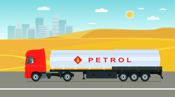 사막 배경에 드라이버와 가솔린 유조선.. 벡터 플랫 스타일 그림입니다. - semi truck fuel tanker truck diesel stock illustrations