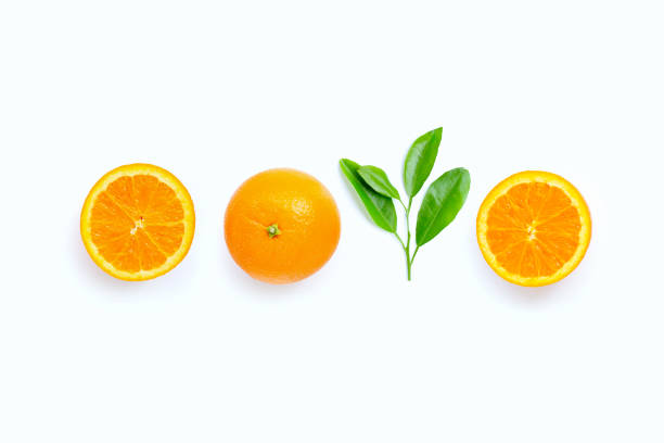 istock High vitamin C, Juicy orange fruit with leaves on white background. 1204160925