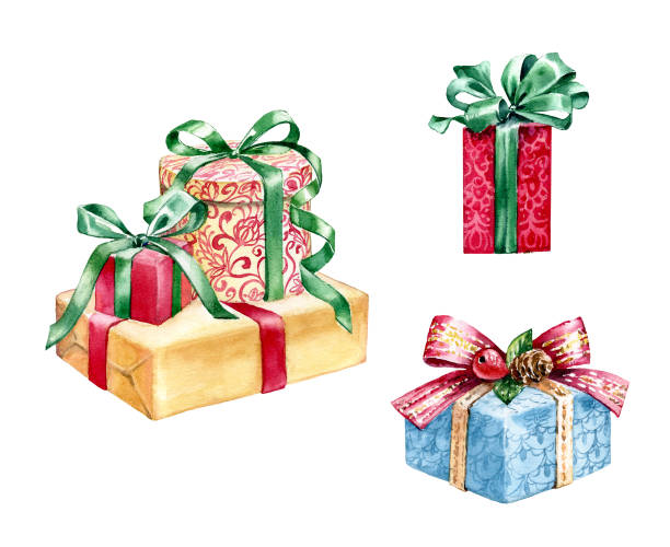ilustrações de stock, clip art, desenhos animados e ícones de watercolor present box with bow. hand painted gift set. merry christmas and happy new year, winter holidays. birthday party isolated illustration, in red, yellow, green, golden, blue - gift box packaging drawing illustration and painting