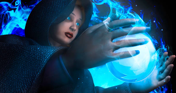 istock Witch raise hand for cast a black magic spell to control ball-glass for predict future with background smoke effect from magic,3d rendering picture. 1204162464