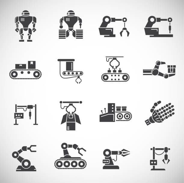 роботизированное производство связанных значки, установленные на фоне графического и веб-дизайна. символ концепции творческой иллюстраци - machine stock illustrations