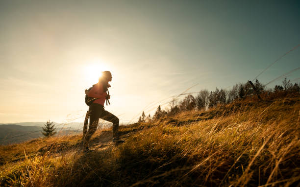 wanderer junge frau mit rucksack steigt auf den berggipfel auf berglandschaft hintergrund - hiking stock-fotos und bilder