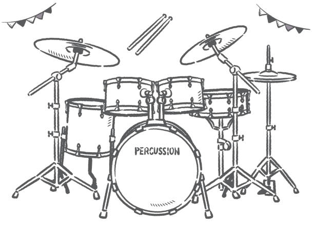 барабанный набор изолирован на белом. - cymbal drumstick music percussion instrument stock illustrations