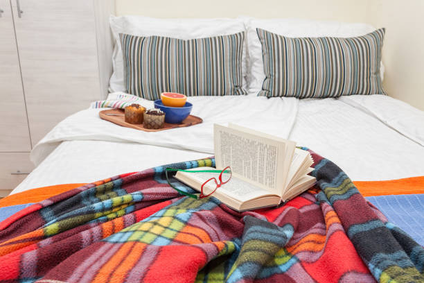 istock Modern bedroom interior with twin bed and breakfast in be 1204167832