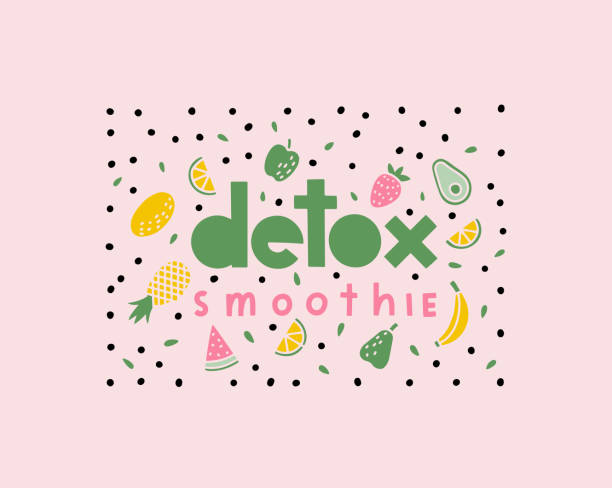 Vector detox smoothie poster in doodle flat style. Vector detox smoothie poster in doodle flat style. Vector lettering detox smoothie with fruits and vegetables healthy food. juice bar stock illustrations