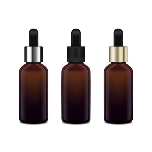 Vector illustration of Brown glass bottles for essential oil. Diferent caps. Mock up cosmetic bottle or medical bottle, flask, bottle 3d illustration