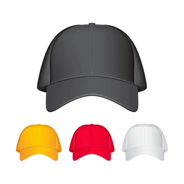 Vector illustration of Baseball cap. Front view. Vector realistic illustration. Different colours