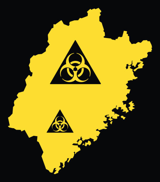 ilustraciones, imágenes clip art, dibujos animados e iconos de stock de mapa de la provincia de fujian de china con signo de virus de riesgo biológico - fujian province