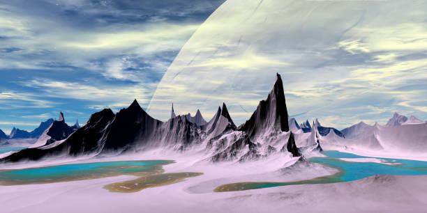 istock Alien Planet. Mountain and lake. 3D rendering 1204177762
